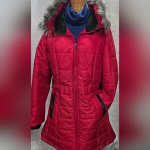 Susan Graver Red Puffer Jacket with Faux Fur Hood Trim
